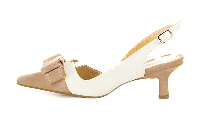Tan beige and off white women's open back shoes, with a knot. Tapered toe. Medium spool heels. Profile view - Florence KOOIJMAN